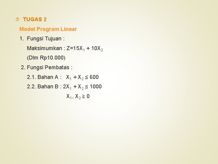  TUGAS 2 Model Program Linear 1. Fungsi Tujuan : Maksimumkan : Z=15 X