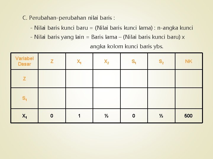 C. Perubahan-perubahan nilai baris : - Nilai baris kunci baru = (Nilai baris kunci