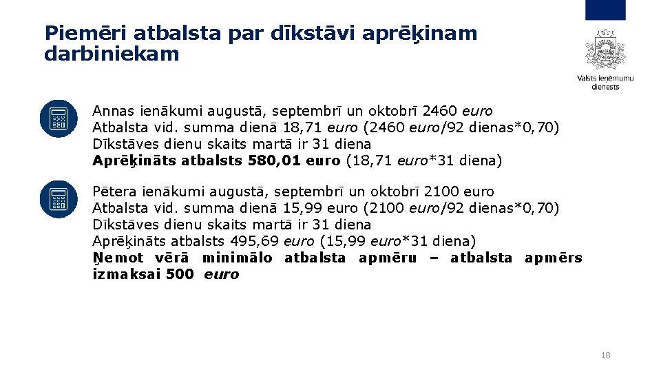 Piemēri atbalsta par dīkstāvi aprēķinam darbiniekam Annas ienākumi augustā, septembrī un oktobrī 2460 euro
