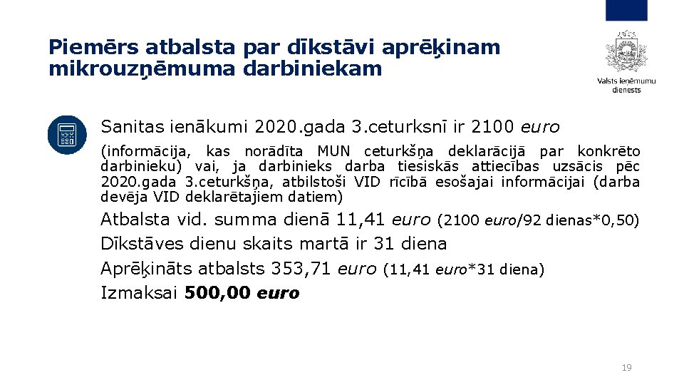 Piemērs atbalsta par dīkstāvi aprēķinam mikrouzņēmuma darbiniekam Sanitas ienākumi 2020. gada 3. ceturksnī ir