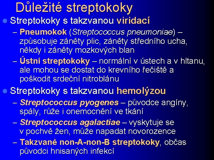 Důležité streptokoky l Streptokoky s takzvanou viridací – Pneumokok (Streptococcus pneumoniae) – způsobuje záněty