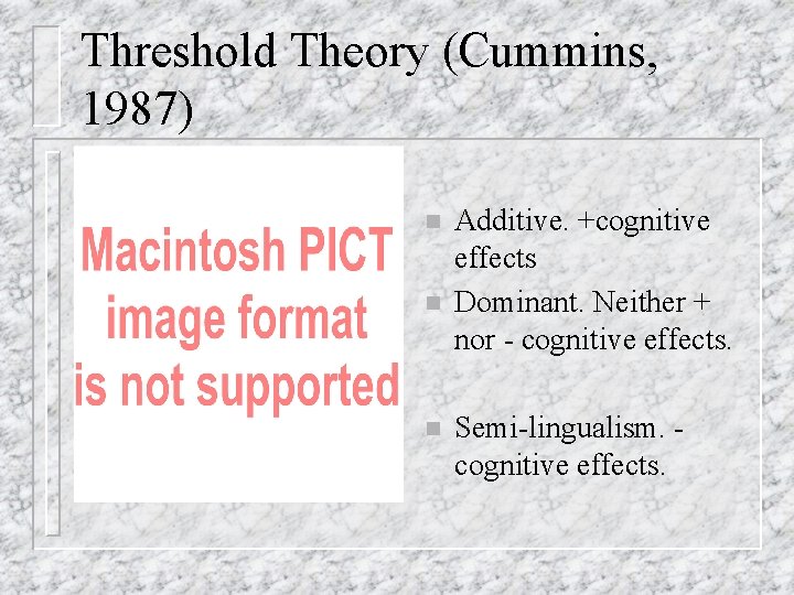 Threshold Theory (Cummins, 1987) n n n Additive. +cognitive effects Dominant. Neither + nor