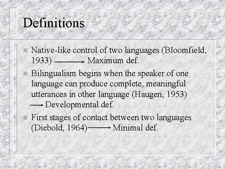 Definitions n n n Native-like control of two languages (Bloomfield, 1933) Maximum def. Bilingualism