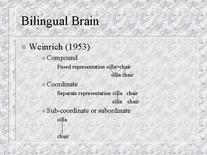 Bilingual Brain n Weinrich (1953) n Compound – Fused representation silla=chair • silla chair