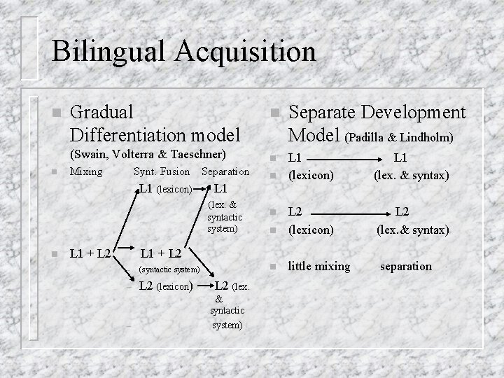 Bilingual Acquisition n n Gradual Differentiation model n Separate Development Model (Padilla & Lindholm)
