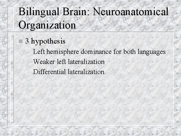 Bilingual Brain: Neuroanatomical Organization n 3 hypothesis – – – Left hemisphere dominance for