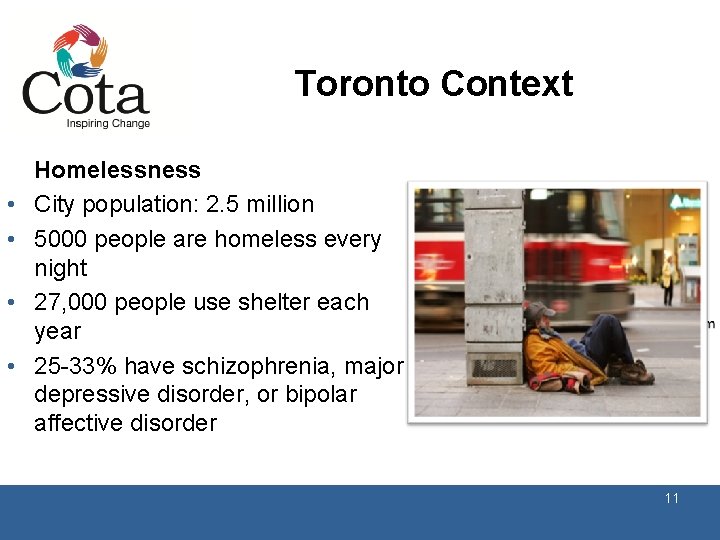 Toronto Context • • Homelessness City population: 2. 5 million 5000 people are homeless