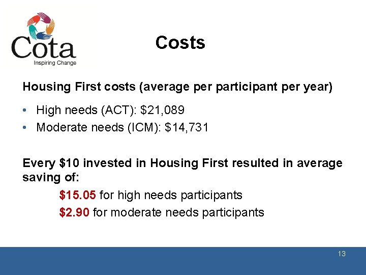 Costs Housing First costs (average per participant per year) • High needs (ACT): $21,