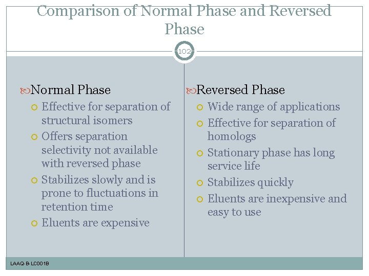 Comparison of Normal Phase and Reversed Phase 102 Normal Phase Effective for separation of