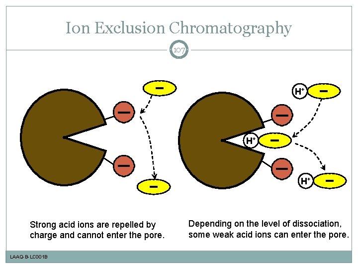 Ion Exclusion Chromatography 107 H+ H+ H+ Strong acid ions are repelled by charge