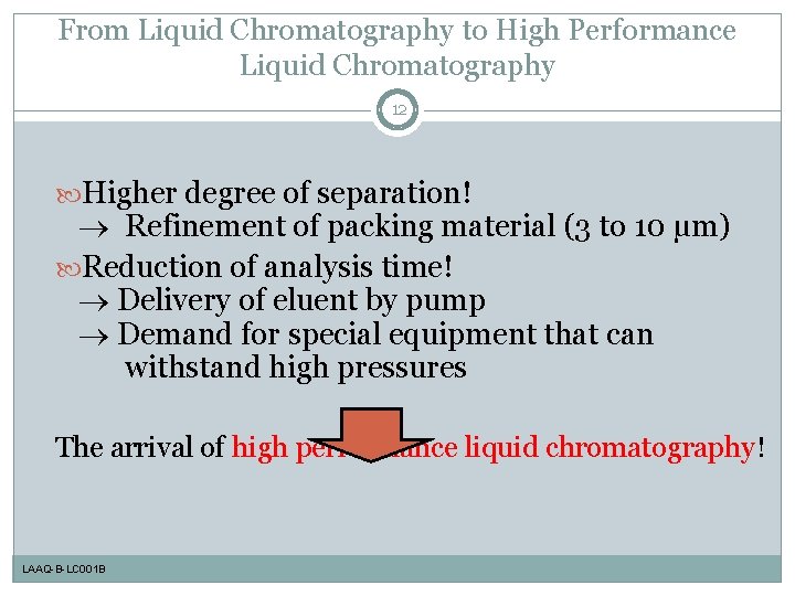 From Liquid Chromatography to High Performance Liquid Chromatography 12 Higher degree of separation! Refinement