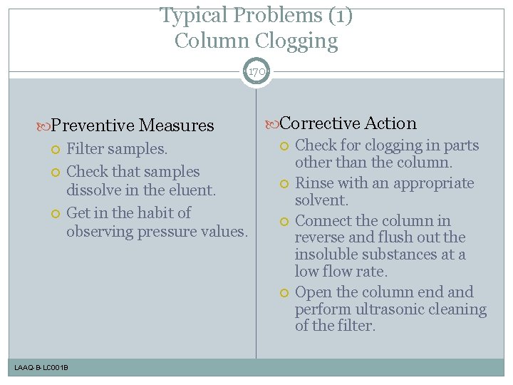 Typical Problems (1) Column Clogging 170 Preventive Measures Filter samples. Check that samples dissolve
