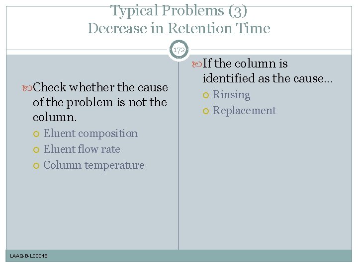 Typical Problems (3) Decrease in Retention Time 172 If the column is Check whether