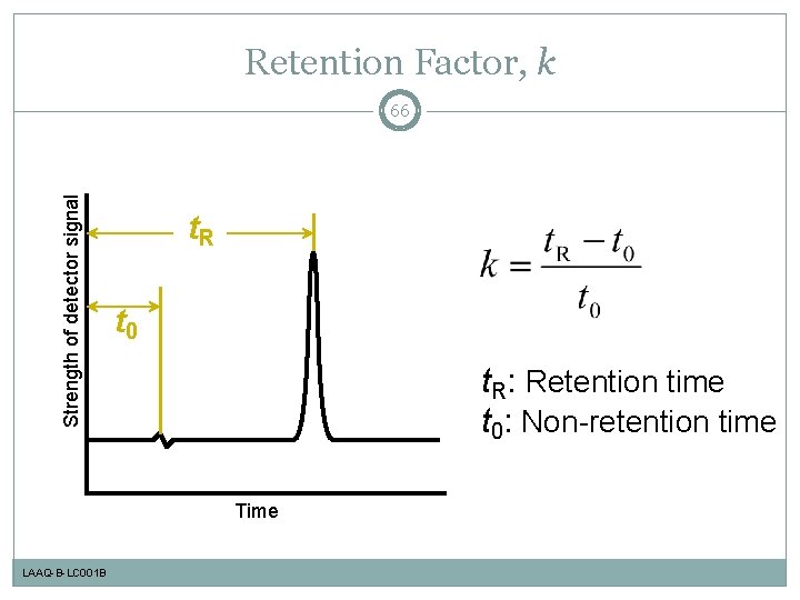 Retention Factor, k Strength of detector signal 66 t. R t 0 t. R: