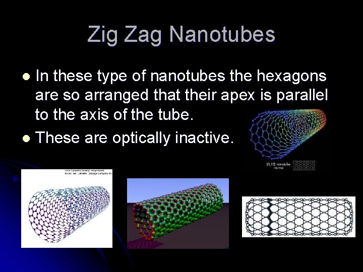 Zig Zag Nanotubes In these type of nanotubes the hexagons are so arranged that