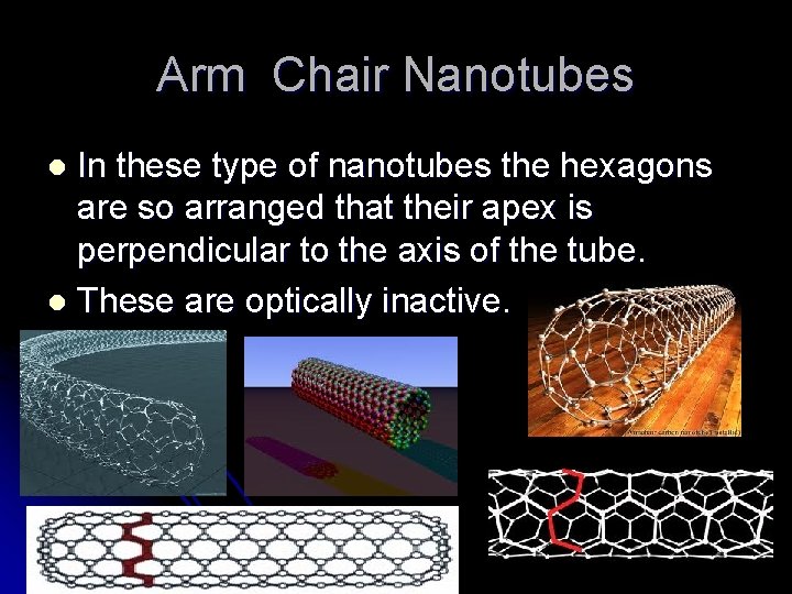 Arm Chair Nanotubes In these type of nanotubes the hexagons are so arranged that