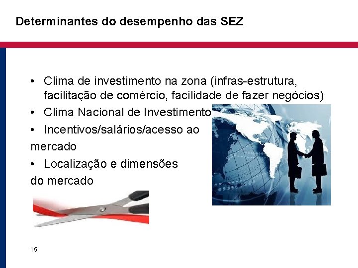 Determinantes do desempenho das SEZ • Clima de investimento na zona (infras-estrutura, facilitação de