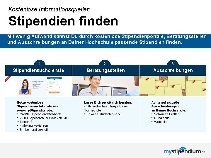 Kostenlose Informationsquellen Stipendien finden Mit wenig Aufwand kannst Du durch kostenlose Stipendienportale, Beratungsstellen und