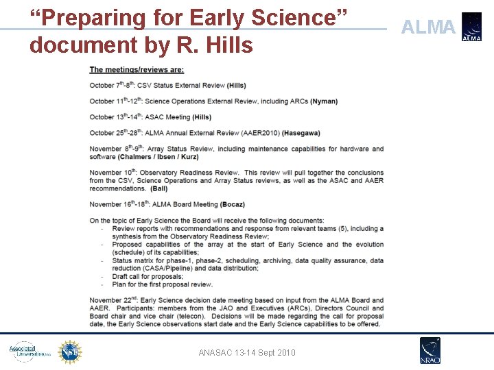 “Preparing for Early Science” document by R. Hills ANASAC 13 -14 Sept 2010 ALMA