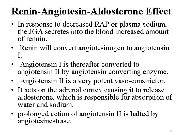 Renin-Angiotesin-Aldosterone Effect • In response to decreased RAP or plasma sodium, the JGA secretes