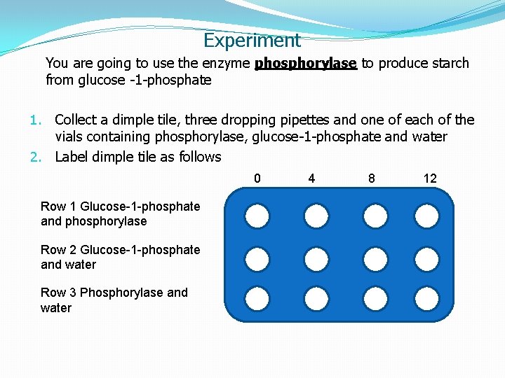 Experiment You are going to use the enzyme phosphorylase to produce starch from glucose Experiment You are going to use the enzyme phosphorylase to produce starch from glucose