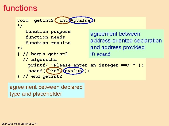 functions void getint 2( int *pvalue ) */ function purpose agreement between function needs