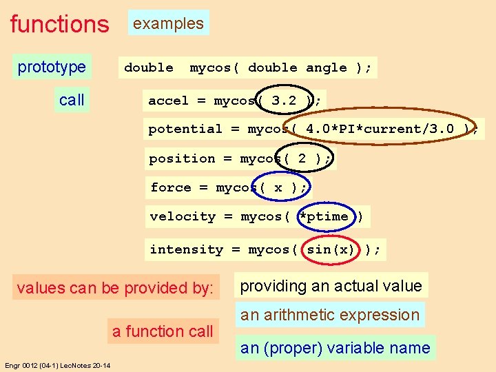 functions prototype call examples double mycos( double angle ); accel = mycos( 3. 2