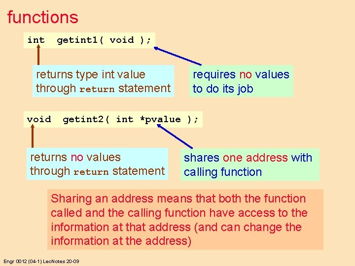 functions int getint 1( void ); returns type int value through return statement void