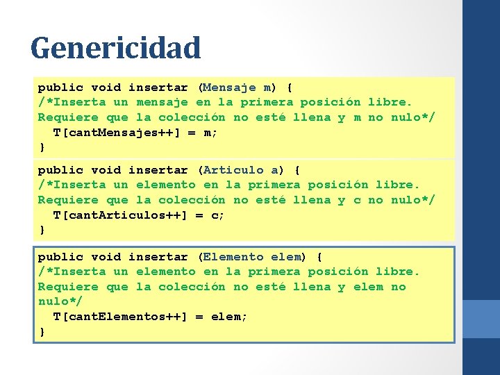 Genericidad public void insertar (Mensaje m) { /*Inserta un mensaje en la primera posición