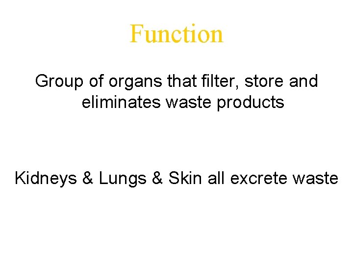 Function Group of organs that filter, store and eliminates waste products Kidneys & Lungs