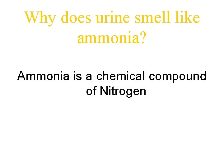 Why does urine smell like ammonia? Ammonia is a chemical compound of Nitrogen 