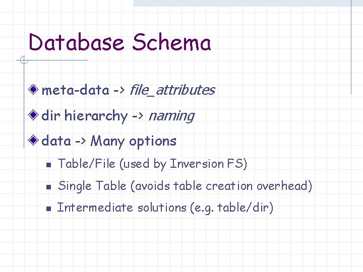 Database Schema meta-data -> file_attributes dir hierarchy -> naming data -> Many options n