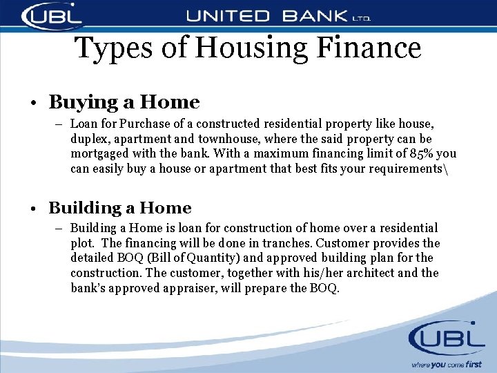 Types of Housing Finance • Buying a Home – Loan for Purchase of a