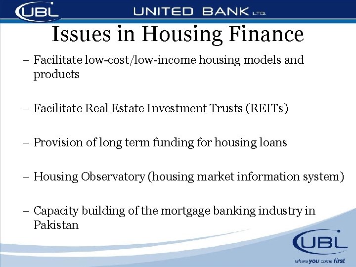 Issues in Housing Finance – Facilitate low-cost/low-income housing models and products – Facilitate Real