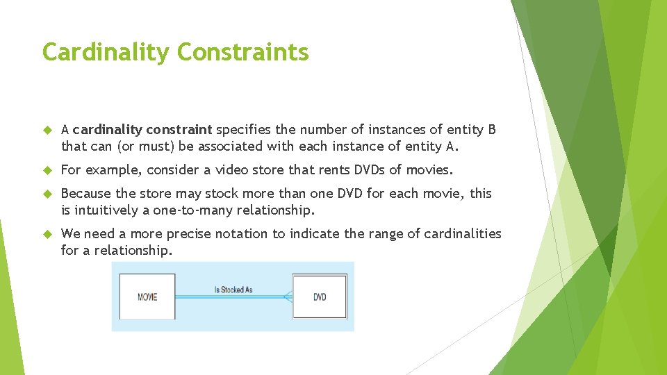 Cardinality Constraints A cardinality constraint specifies the number of instances of entity B that