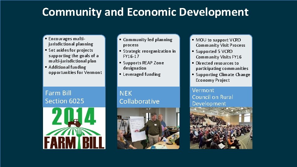 Community and Economic Development • Encourages multijurisdictional planning • Set asides for projects supporting