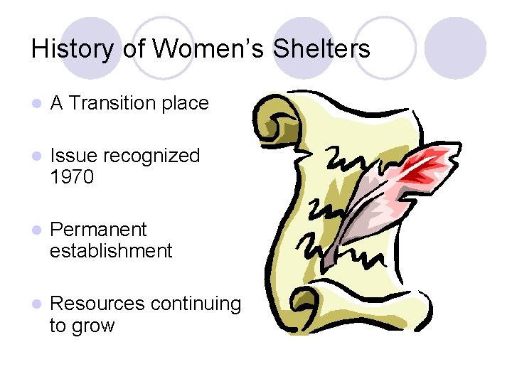 History of Women’s Shelters l A Transition place l Issue recognized 1970 l Permanent