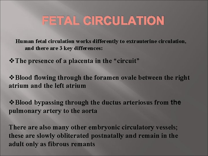 FETAL CIRCULATION Human fetal circulation works differently to extrauterine circulation, and there are 3