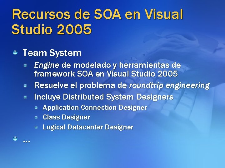 Recursos de SOA en Visual Studio 2005 Team System Engine de modelado y herramientas