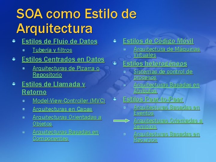 SOA como Estilo de Arquitectura Estilos de Flujo de Datos Tubería y filtros Estilos