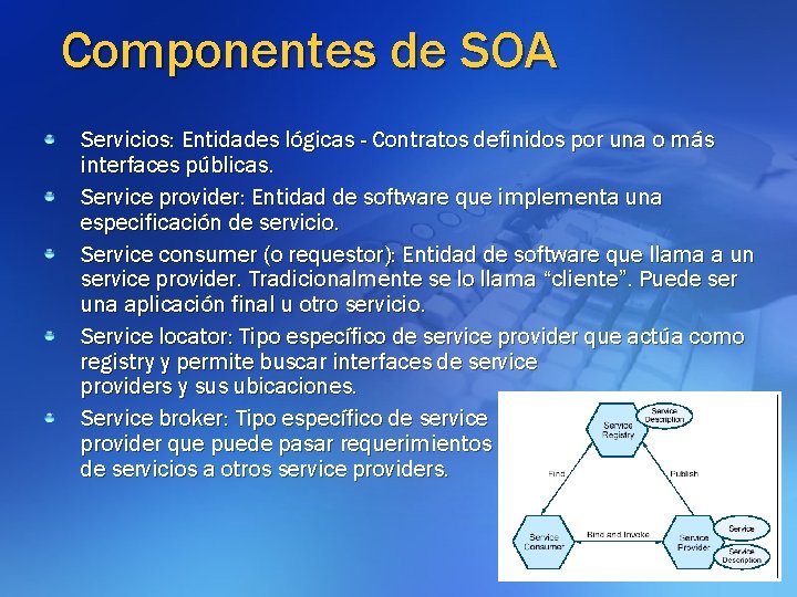 Componentes de SOA Servicios: Entidades lógicas - Contratos definidos por una o más interfaces