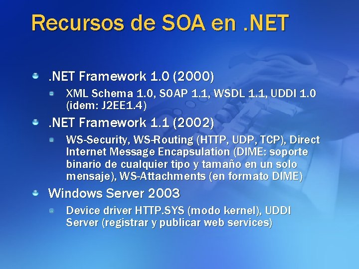 Recursos de SOA en. NET Framework 1. 0 (2000) XML Schema 1. 0, SOAP