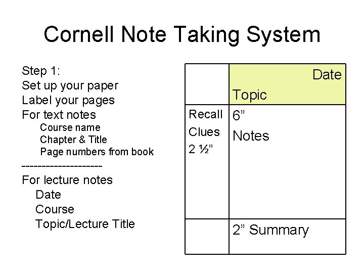 Cornell Note Taking System Step 1: Set up your paper Label your pages For