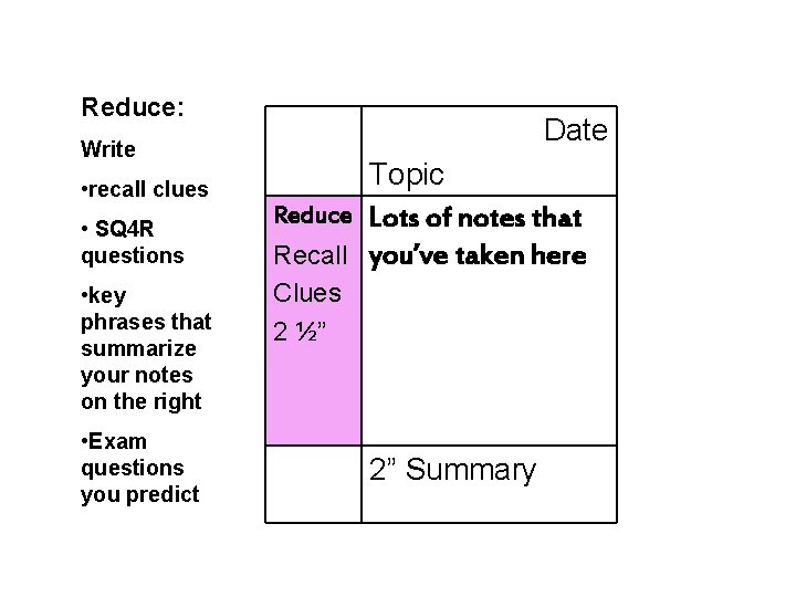 Reduce: Write • recall clues • SQ 4 R questions • key phrases that