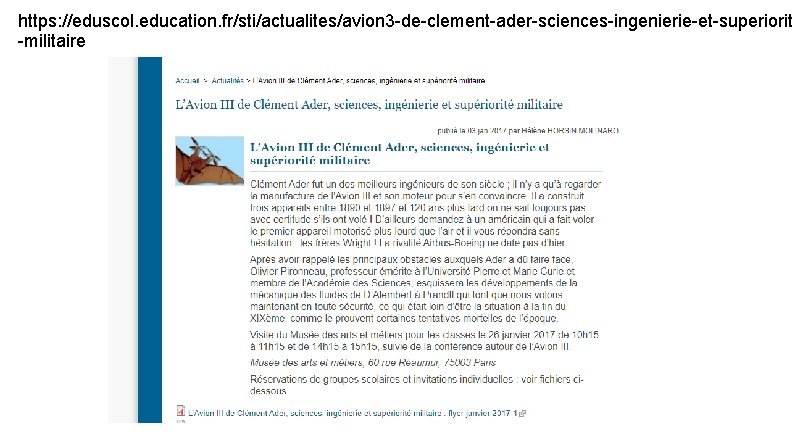 https: //eduscol. education. fr/sti/actualites/avion 3 -de-clement-ader-sciences-ingenierie-et-superiorite -militaire 