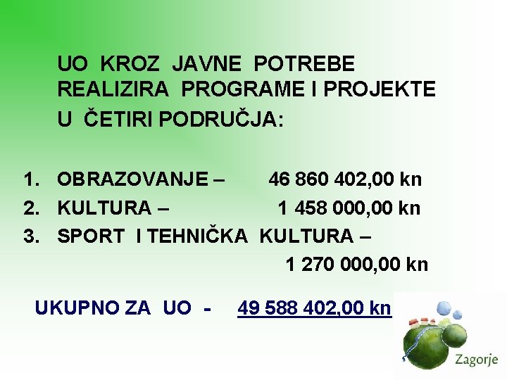 UO KROZ JAVNE POTREBE REALIZIRA PROGRAME I PROJEKTE U ČETIRI PODRUČJA: 1. OBRAZOVANJE –