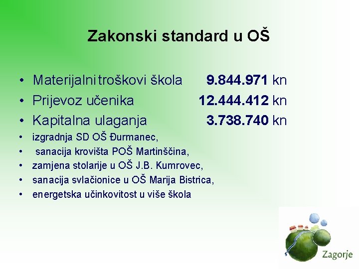 Zakonski standard u OŠ • Materijalni troškovi škola • Prijevoz učenika • Kapitalna ulaganja