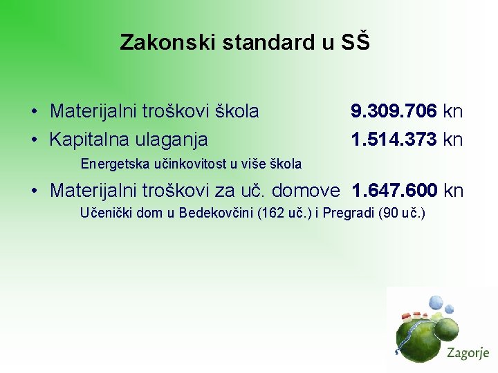 Zakonski standard u SŠ • Materijalni troškovi škola • Kapitalna ulaganja 9. 309. 706