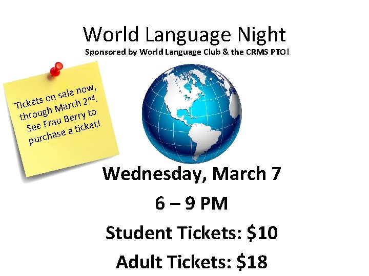 World Language Night Sponsored by World Language Club & the CRMS PTO! , w