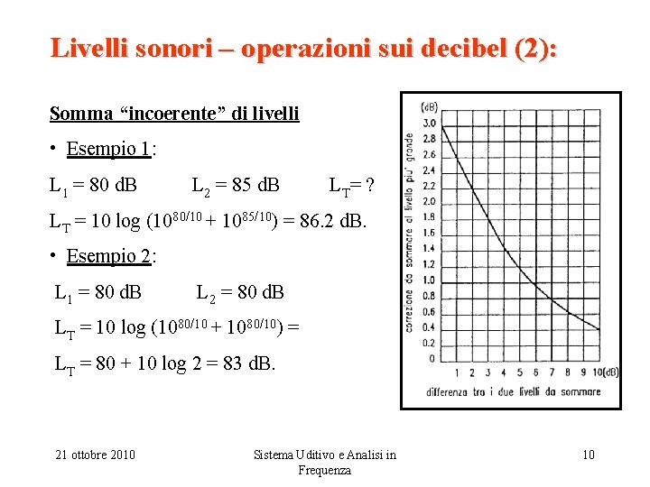 Livelli sonori – operazioni sui decibel (2): Somma “incoerente” di livelli • Esempio 1: